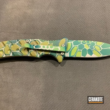 Boker Knife Cerakoted Using Shimmer Aluminum, Zombie Green And Sky Blue