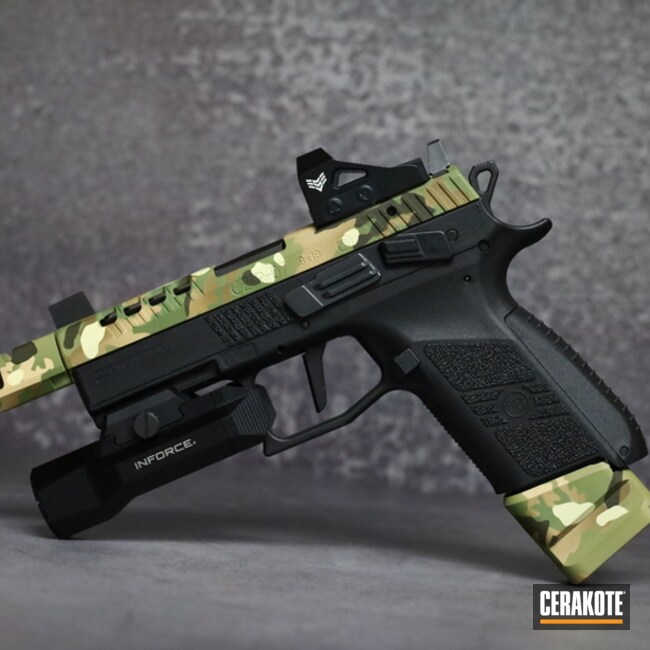 Multicam Cz Slide And Mag Extensions Cerakoted Using Desert Sand, Multicam® Pale Green And Magpul® O.d. Green