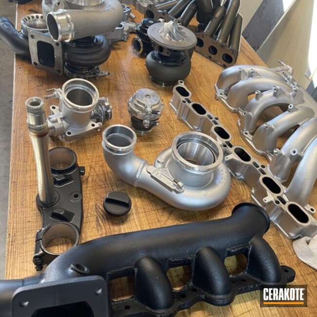Turbos, Headers, And Other Automotive Parts Cerakoted In Glacier Series. 