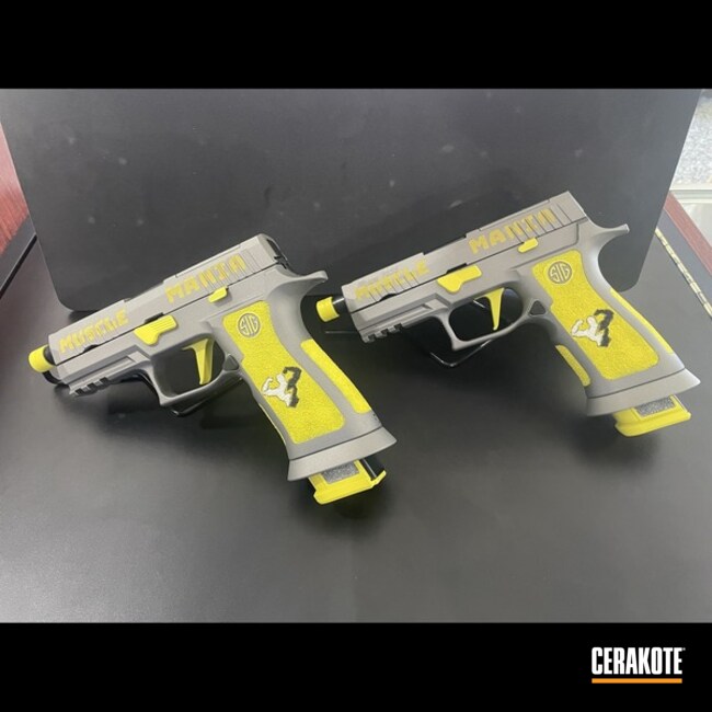 Muscle Mania P320 Akimbo Coated With Cerakote In H-354 And H-170