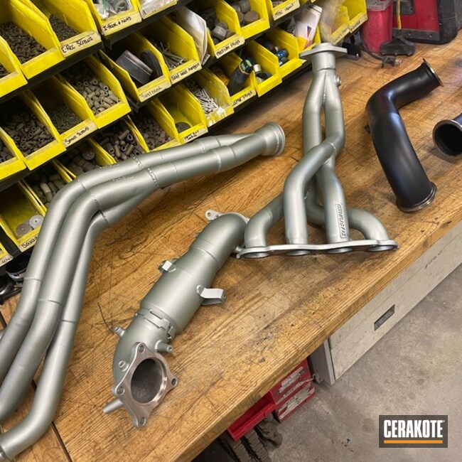 Header, Exhaust And Downpipe Cerakoted In Glacier Black And Silver 