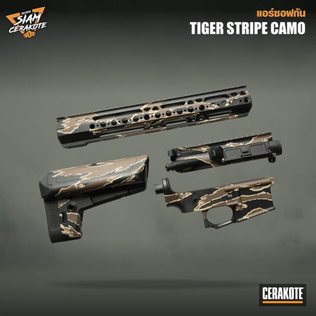 Airsoft Ar-15 In Vietnam Tiger Stripe Coated With Cerakote In Chocolate Brown, Graphite Black And Desert Sand