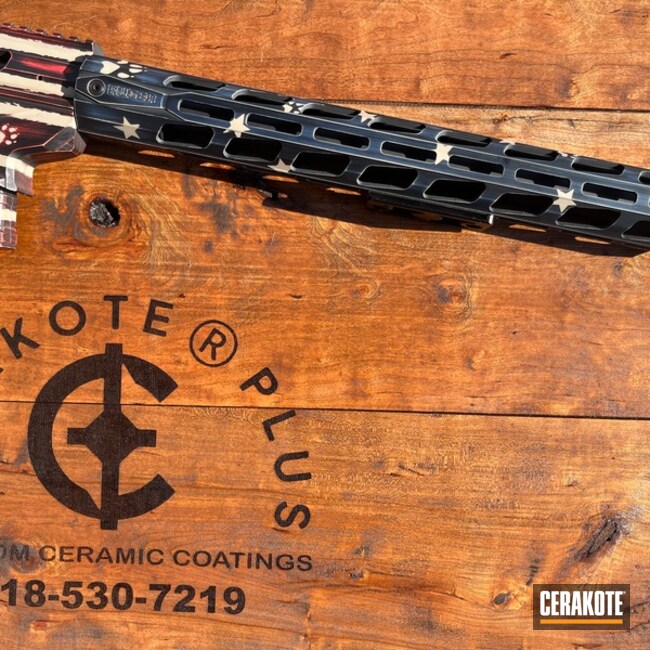Distressed American Flag Coated With Cerakote In Kel-tec® Navy Blue, Mcmillan® Tan, Graphite Black And Firehouse Red
