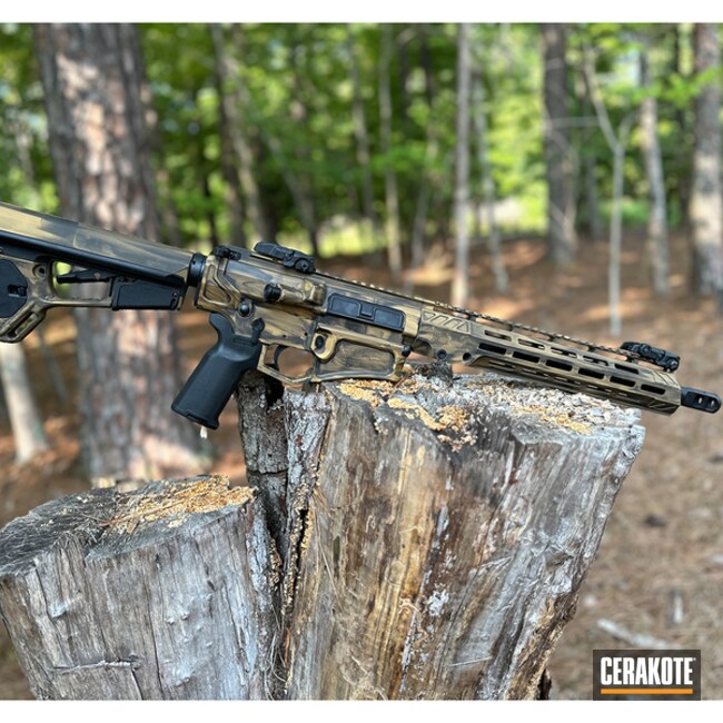 Distressed Gold And Black Ar15 Coated With Cerakote In Noveske Tiger Eye Brown , Lr Black, Armor Black And Gold