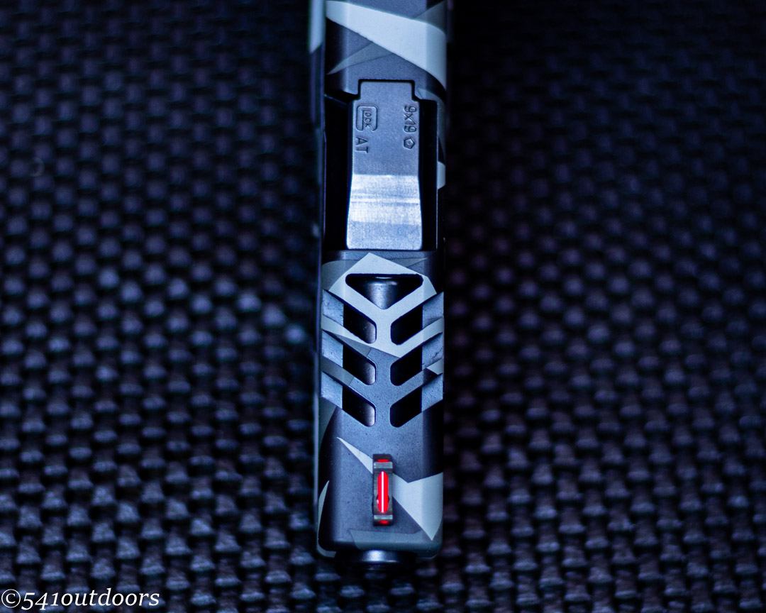 Gray Rmrcc Glock 43 with Custom Slide Milling, Optic Cut and Splinter Camo | Cerakote