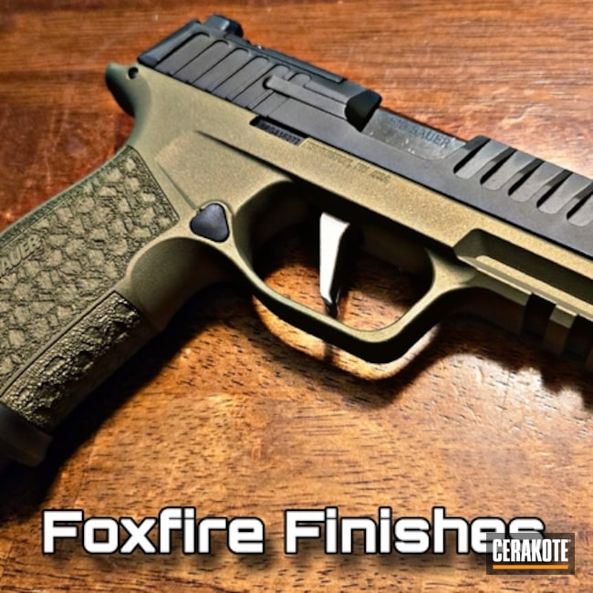 P365 Fuse Coated With Cerakote In Midnight Bronze, Gen Ii Solid Leaf Green And Gold