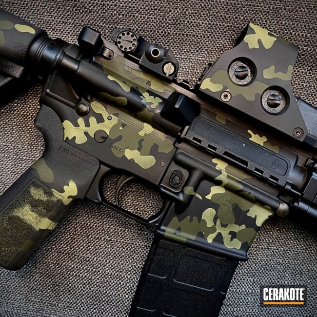 Ar-15 With Eotech Coated With Cerakote In Multicam® Pale Green, Mil Spec O.d. Green And Graphite Black