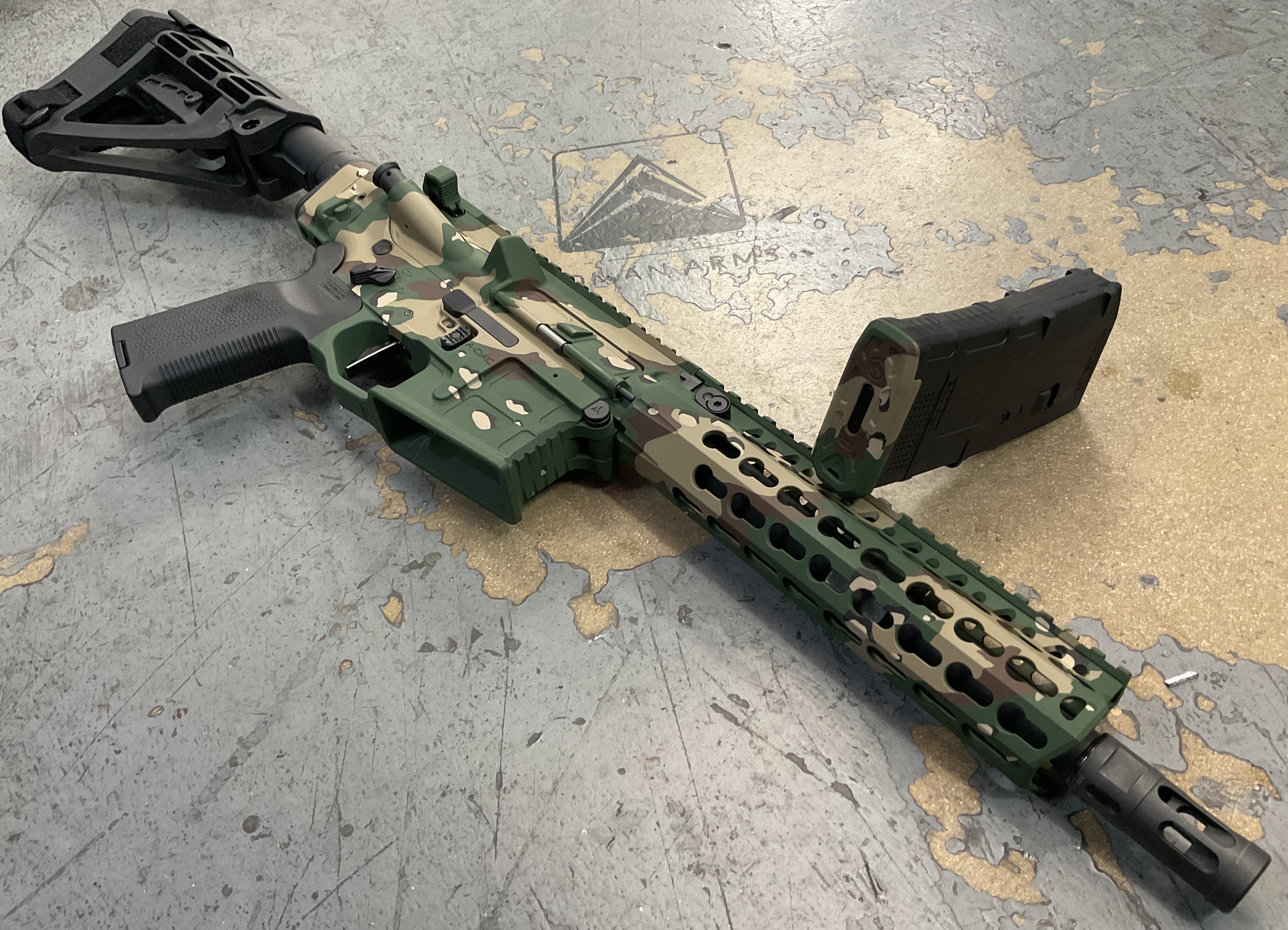 Chip Hand Guard Ar10 Pistol coated with a Highland Green, Coyote Tan and Graphite Black ...
