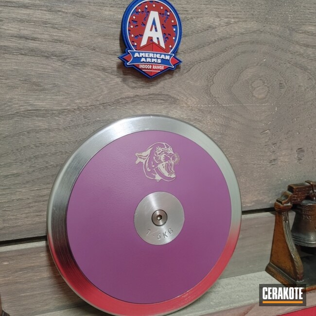 Wild Purple And Bright White Throwing Discus With Laser Engraved Bloomington South Panther Mascot