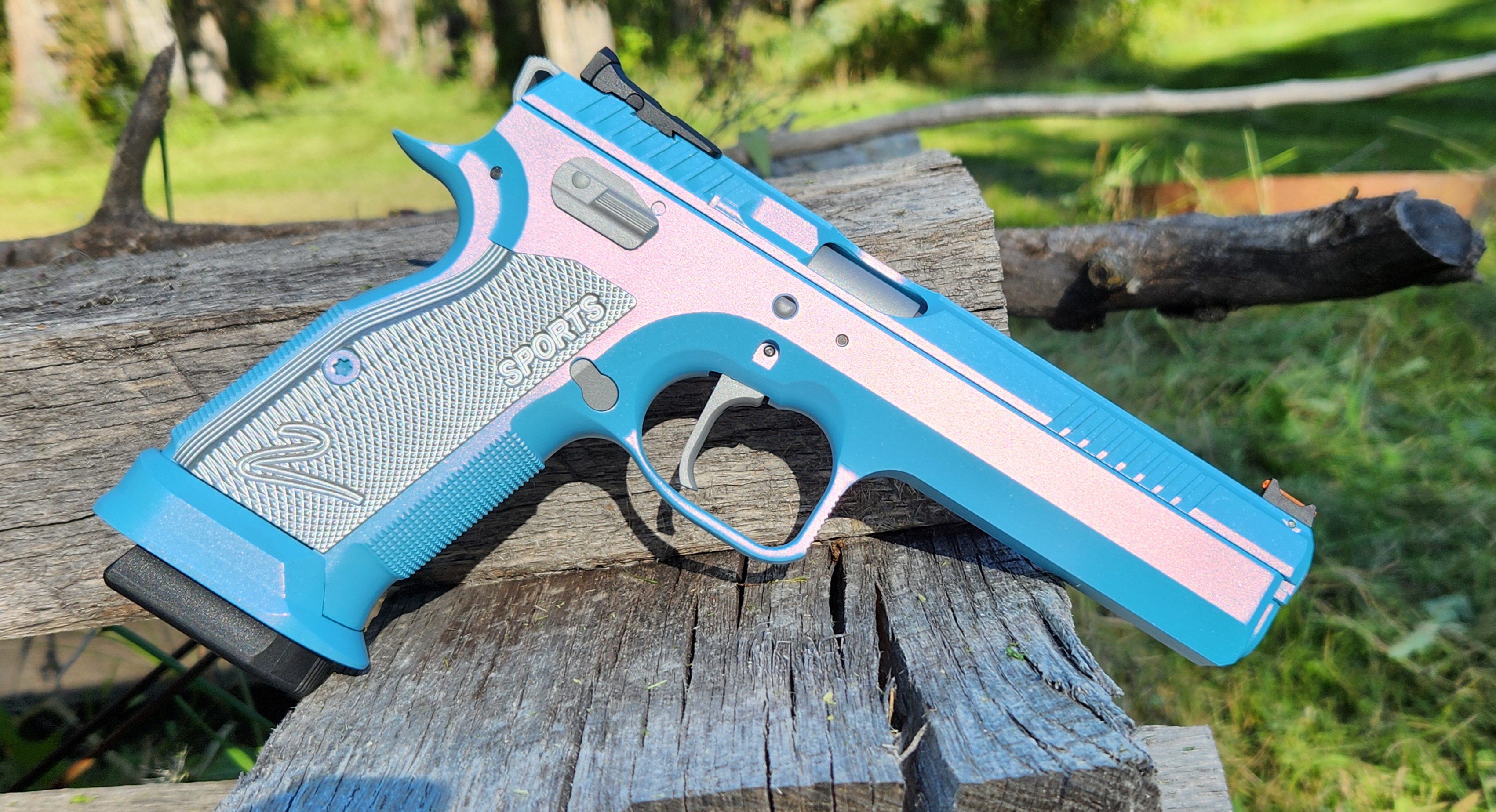 Blue Raspberry Cerakote Cz Ts2 coated in a Cerakote Fx Riot, Blue Raspberry and Crushed Silver ...
