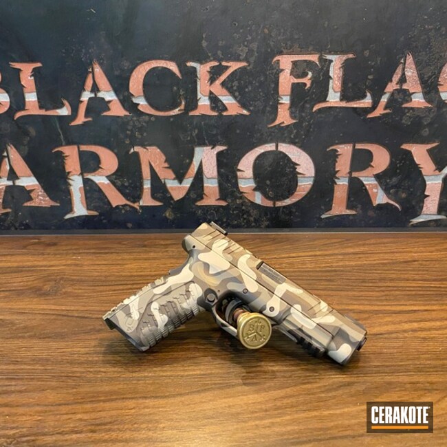 Springfield Xdm Coated In An Organic Camo Using Desert Sand, Vortex Bronze, And Magpul Fde