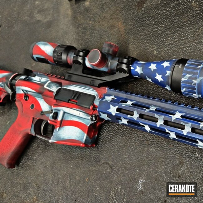Direstressed Flag Ar15 Coated With Cerakote In Bolt Blue, Carbon Black, Snow White And Usmc Red
