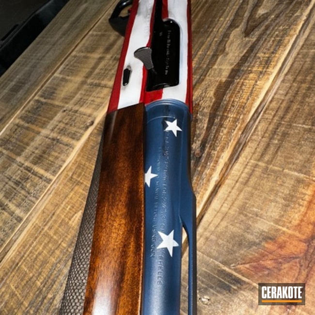 American Flag Shotgun Coated With Cerakote In H-127, H-221 And H-190