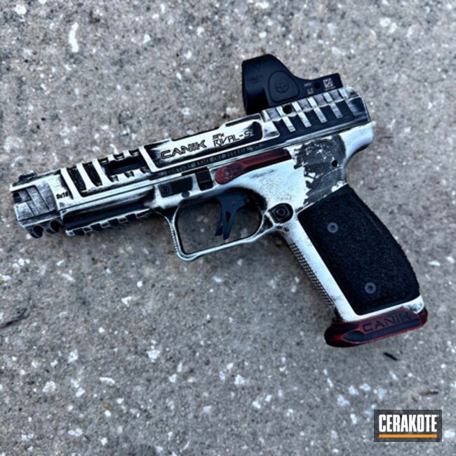 Distressed Canik Coated With Cerakote In Crimson, Armor Black And Stormtrooper White