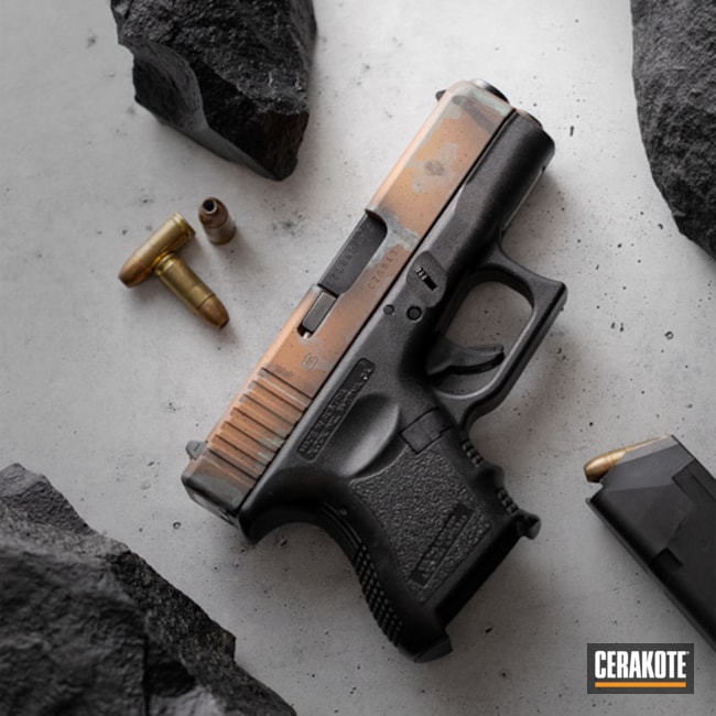 Glock 26 Patina Coated With Cerakote In Zombie Green, Graphite Black, Robin's Egg Blue And Copper