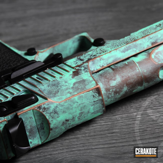 Copper Patina Desert Eagle Coated With Cerakote In Graphite Black, Copper And Island Green