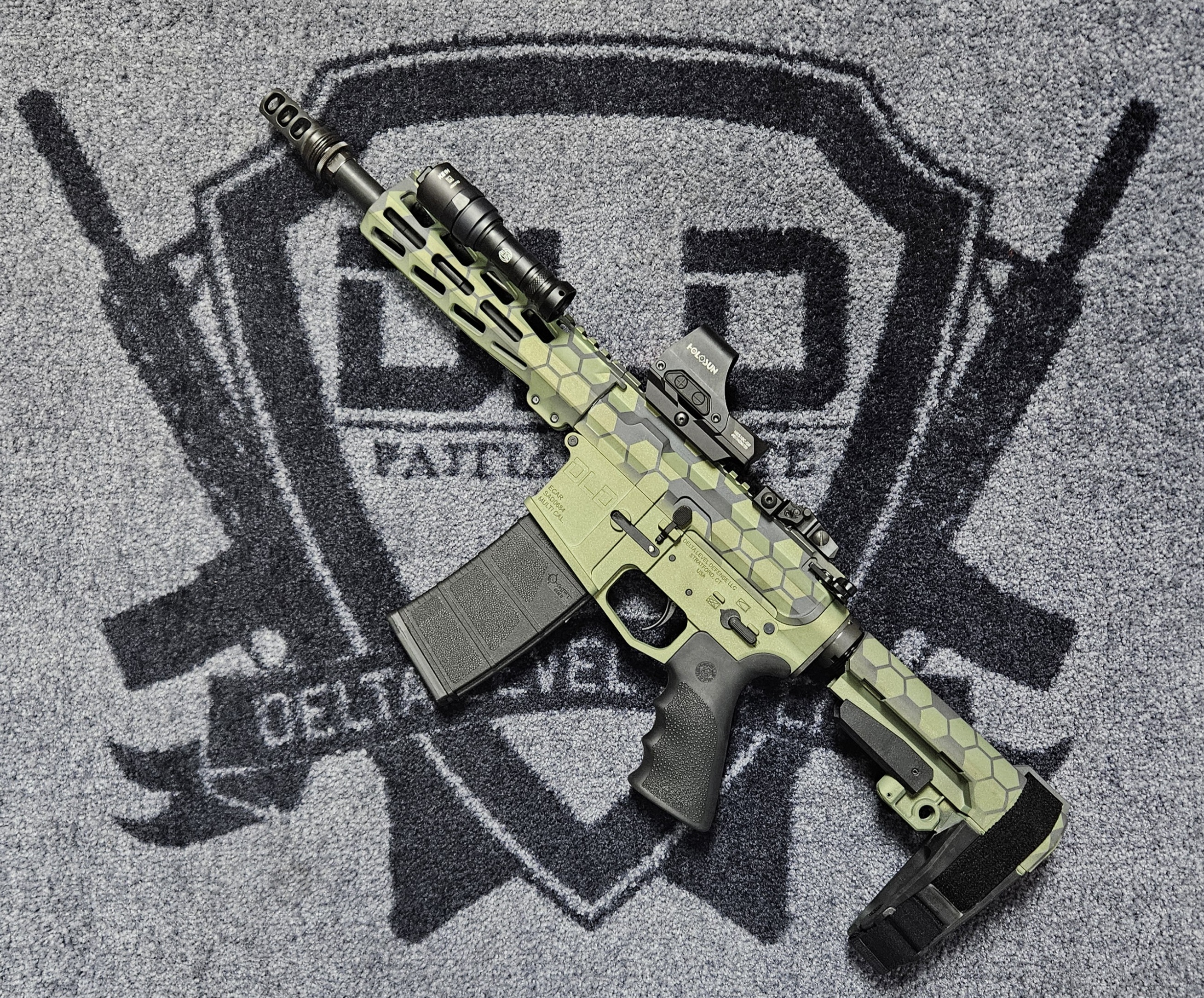 Green and Grey Hex camo on 300 BLK pistol | Cerakote