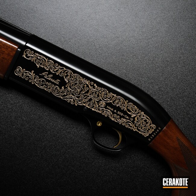 Gold Engraved Shotgun Coated With Cerakote