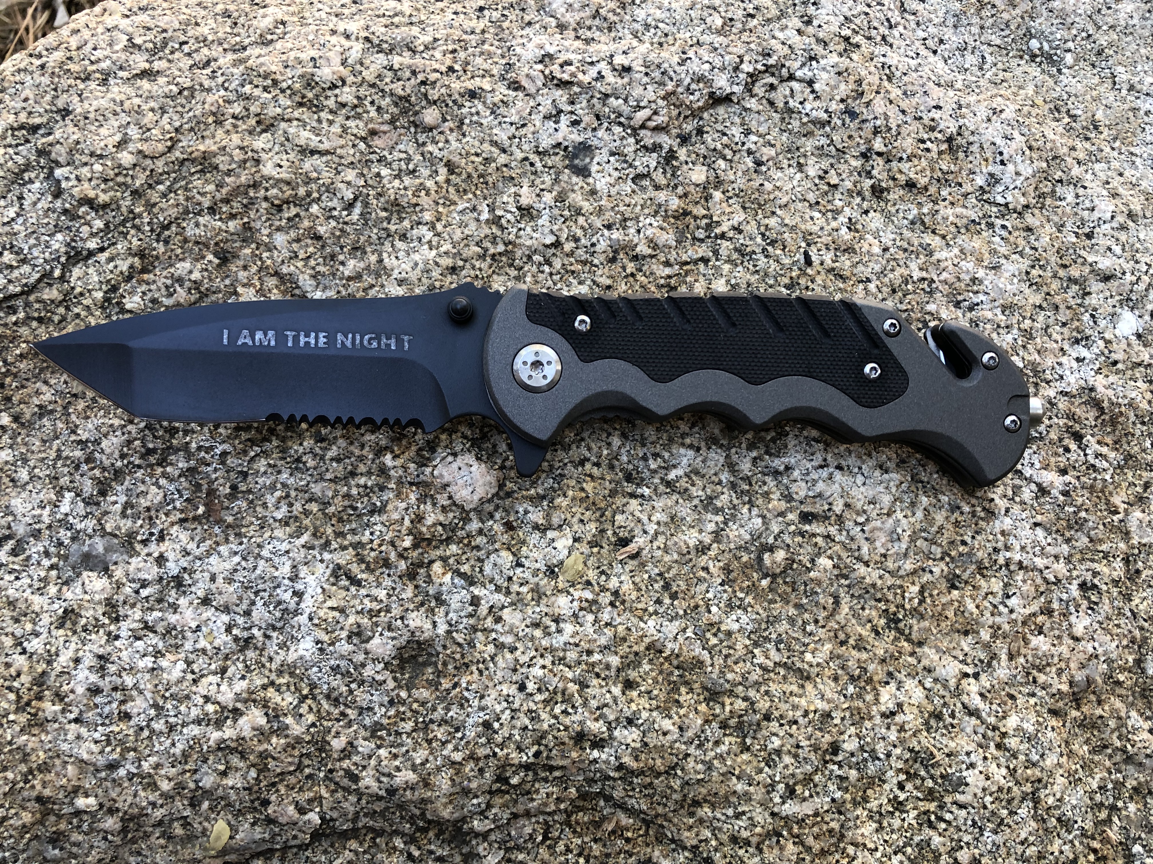 Batman Knife finished in a Graphite Black and Stone Grey Finish | Cerakote