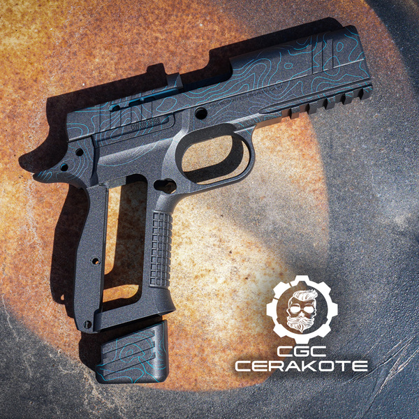 Lasered Blue and Grey topo pattern on a pistol | Cerakote