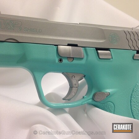 Powder Coating: 9mm,Smith & Wesson,Graphite Black H-146,Ladies,Crushed Silver H-255,Color Fill,Robin's Egg Blue H-175,Shield