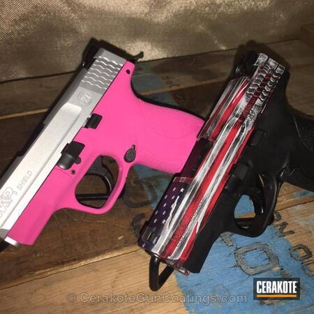 Powder Coating: Smith & Wesson M&P,Satin Aluminum H-151,Smith & Wesson,Distressed,M&P Shield,Handguns,Pistol,USMC Red H-167,American Flag,Ridgeway Blue H-220,M&P Shield 9mm,Prison Pink H-141
