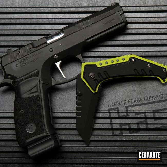 Cerakoted: Custom Mix,9mm,Electric Yellow H-166,Zombie Green H-168,Folding Knife,Armor Black H-190,Pistol,More Than Guns,Tristar P-120,Handguns,Knives