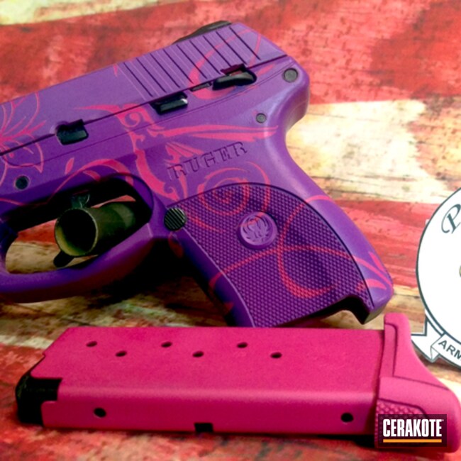 Cerakoted: Ruger,Bright Purple H-217,SIG™ PINK H-224,Pistol,Flowers,Hummingbirds,Veridian Laser Sight,Ladies,Ruger LC9