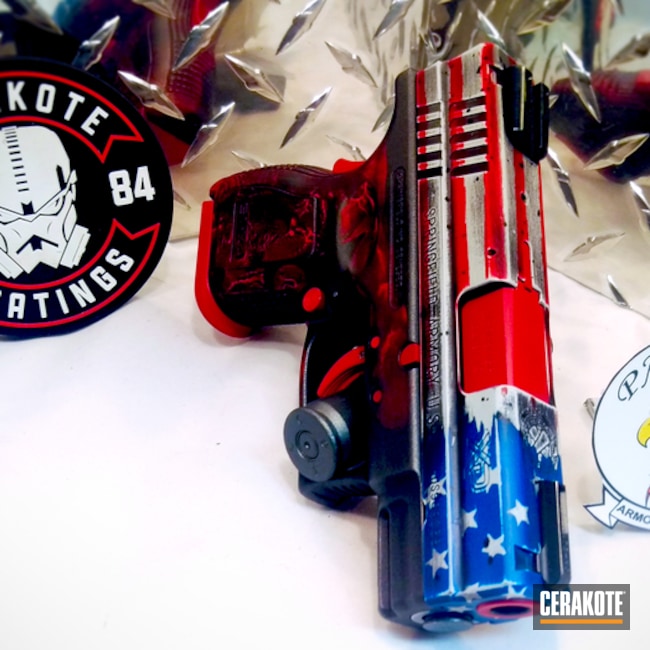 Cerakoted: Bright White H-140,Patriotic,Springfield XD-9 Subcompact,Blood,Distressed,USMC Red H-167,Tungsten H-237,Springfield XD,Pistol,American Flag
