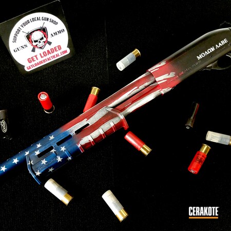 Powder Coating: Bright White H-140,Graphite Black H-146,Shotgun,NRA Blue H-171,Pump-action Shotgun,Remington 870,Patriotic,American Flag,Old Glory,FIREHOUSE RED H-216,Team America Theme