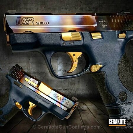 Powder Coating: Custom Mix,Midnight Blue H-238,NRA Blue H-171,M&P Shield 9mm,Smith & Wesson,Pistol,Gold H-122,M&P Shield