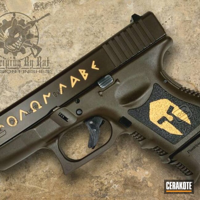 Cerakoted: Graphite Black H-146,BARRETT® BRONZE H-259,Pistol,Glock,Glock 26,Spartan Helmet,Gold H-122