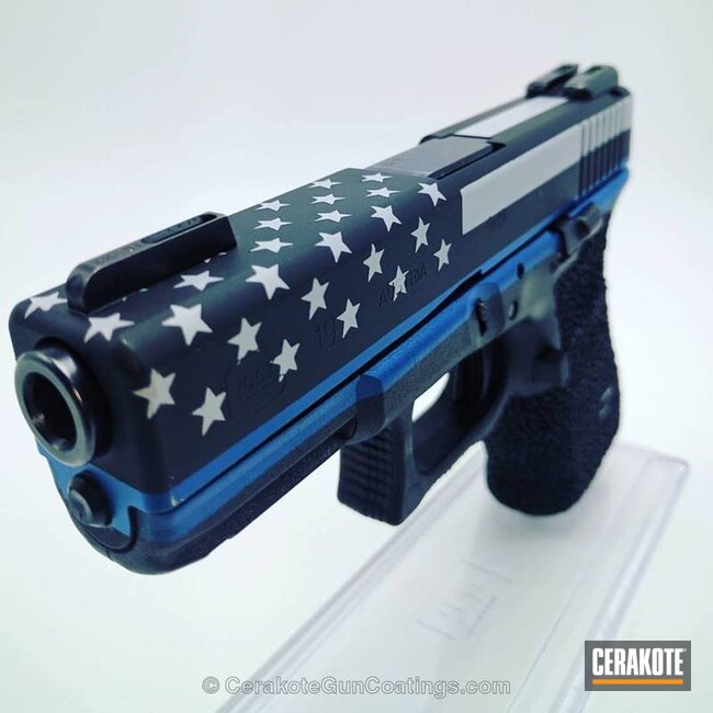 Cerakoted: Glock 19,LEO,Thin Blue Line,NRA Blue H-171,Graphite Black H-146,Crushed Silver H-255,Pistol,American Flag,Glock,Police,Law Enforcement