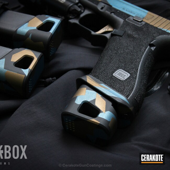 Cerakoted: Lightening Cuts,Burnt Bronze H-148,Stippled,Armor Black H-190,Pistol,Glock,Surefire,Glock 22,Blue Titanium H-185