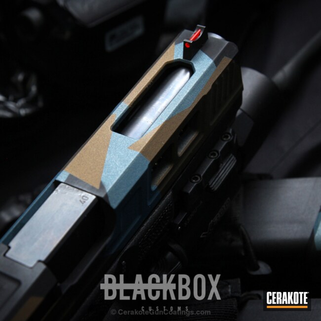 Cerakoted: Lightening Cuts,Burnt Bronze H-148,Stippled,Armor Black H-190,Pistol,Glock,Surefire,Glock 22,Blue Titanium H-185