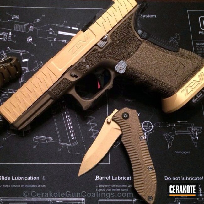 Cerakoted: 9mm,Knives and Guns,Idpa,Burnt Bronze H-148,Pistol,Glock,Glock 17,Zev,Gold H-122
