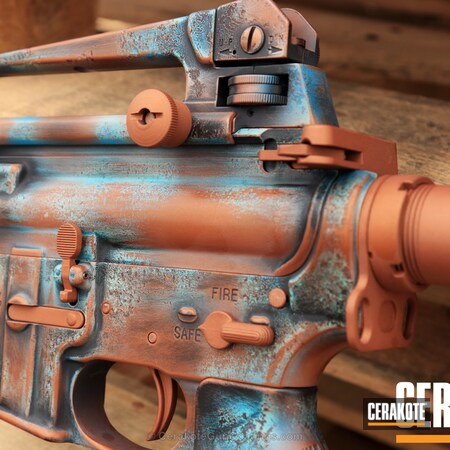 Powder Coating: Gold H-122,Patina,Custom Mix,Robin's Egg Blue H-175,AR-15,Distressed,Zombie Green H-168,Copper Brown H-149,Midnight E-110,Anderson Mfg.,Carbine,Tactical Rifle,Battleworn