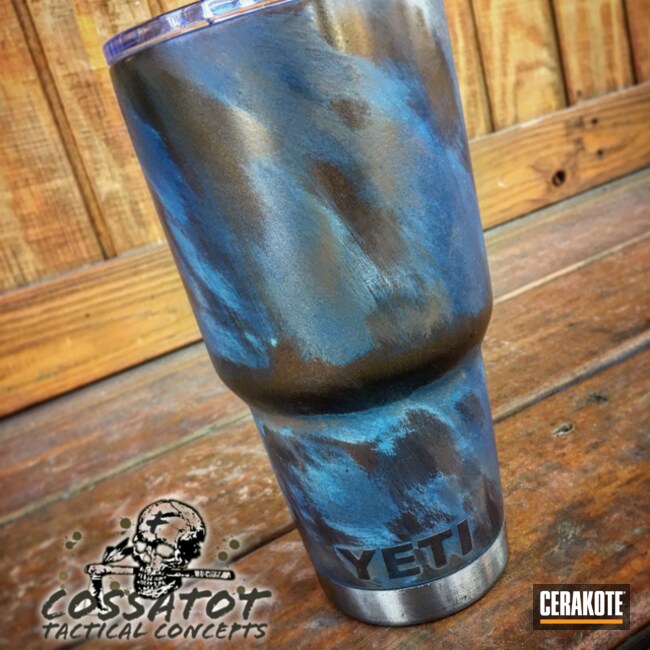 Custom Yeti Tumbler Cerakoted using Midnight Bronze, Robin's Egg