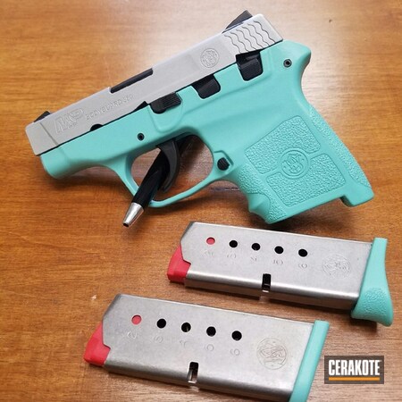 Powder Coating: Smith & Wesson M&P,Smith & Wesson,Two Tone,M&P Bodyguard 380,Crushed Silver H-255,Pistol,Robin's Egg Blue H-175