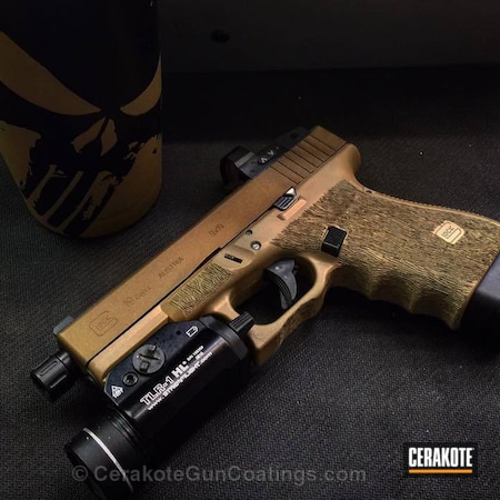 Powder Coating: Graphite Black H-146,Glock,Cups and Guns,Pistol,Glock 19,Punisher,Burnt Bronze H-148,Stippled,Coyote Tan H-235