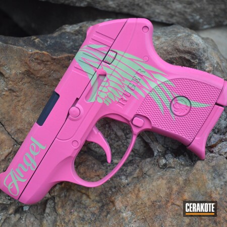 Powder Coating: Angel Wings,Snow White H-136,Zombie Green H-168,Girls Gun,Pistol,Ruger LC380,Ruger,Custom Stenciling,Prison Pink H-141