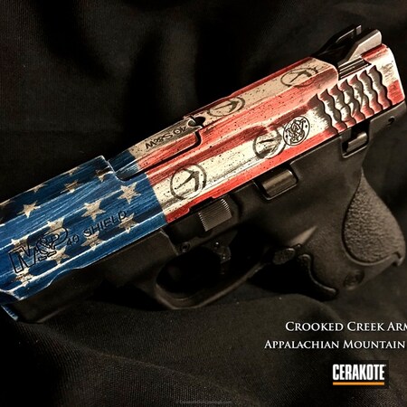 Powder Coating: 9mm,Smith & Wesson M&P,Smith & Wesson,Graphite Black H-146,Battleworn Flag,Handguns,Pistol,USMC Red H-167,American Flag,Battleworn,Sky Blue H-169,Distressed American Flag
