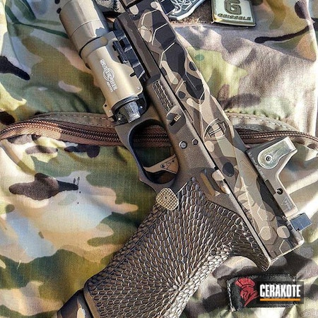 Powder Coating: Midnight Bronze H-294,Glock,Muzzle Brake,Pistol,Custom Camo,Burnt Bronze H-148,Stippled,Tac Light