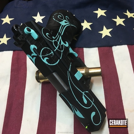 Powder Coating: Graphite Black H-146,Ladies,Pistol,Walther,A Twist on Tiffany,Scroll Pattern,Robin's Egg Blue H-175,Walther PK 380