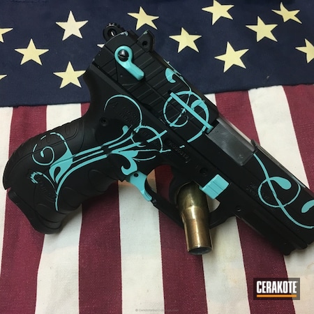 Powder Coating: Graphite Black H-146,Ladies,Pistol,Walther,A Twist on Tiffany,Scroll Pattern,Robin's Egg Blue H-175,Walther PK 380