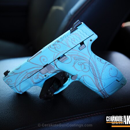 Powder Coating: Smith & Wesson,Filigree,Ladies,M&P Shield,Girls Gun,Handguns,Crushed Silver H-255,Pistol,Swirl,Robin's Egg Blue H-175
