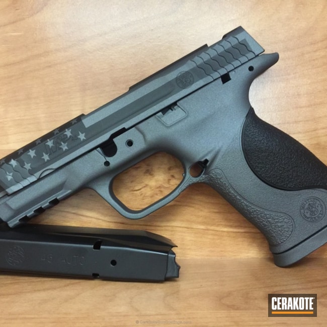 Cerakoted: Graphite Black H-146,Two Tone,Smith & Wesson,Smith & Wesson M&P,Pistol,American Flag,Tactical Grey H-227