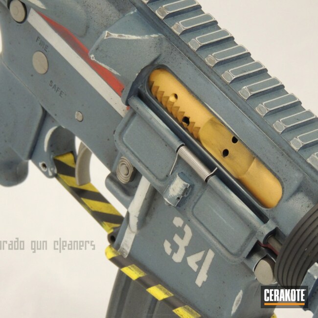Cerakoted H-216 Smith & Wesson Red, H-190 Armor Black, H-185 Blue Titanium, H-122 Gold, H-166 Electric Yellow, H-170 Titanium And H-242 Hidden White