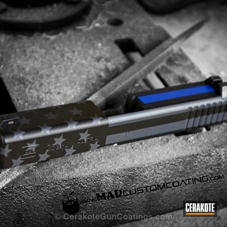 Powder Coating: Graphite Black H-146,Glock,Custom Glock Slide,Thin Blue Line,Handguns,Glock 23,Sniper Grey H-234,Merica,Police,Sky Blue H-169