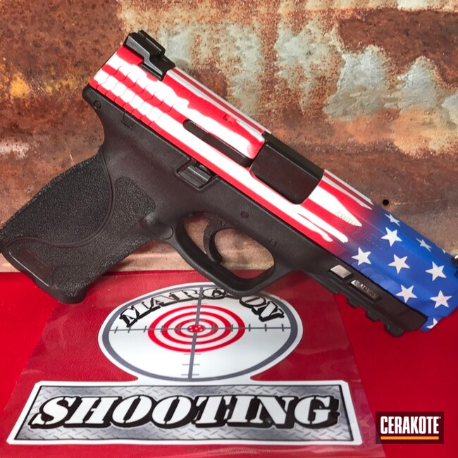 Cerakoted: Bright White H-140,Eau Claire,NRA Blue H-171,Chippewa Falls Gun Coating,Smith & Wesson,USMC Red H-167,Pistol,American Flag,Chippewa Falls,MARC-ON